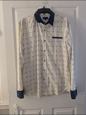 Slim Fit Cream Windowpane Dress Shirt with Navy Accents